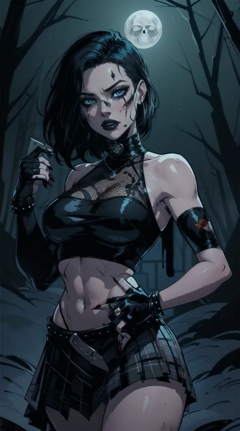 moonlight , a woman with short black hair, hair on shoulders,  wearing a black cropped  and plaid skirt, blue eyes, zombie art, ...