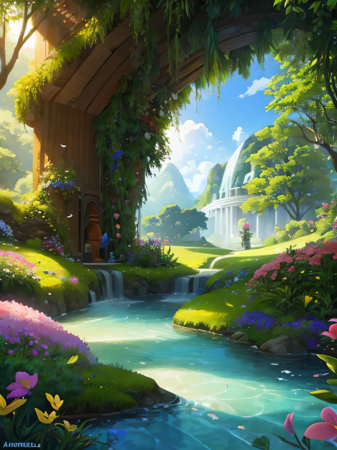 Uma casa futurista de fantasia de dois andares com telhado de vidro e cobre com um pouco de musgo, em um lindo prado com flores silvestres, uma floresta e um rio,  janelas amplas para entrada de luz natural, masterpiece, the landscape is peaceful, arte digital.