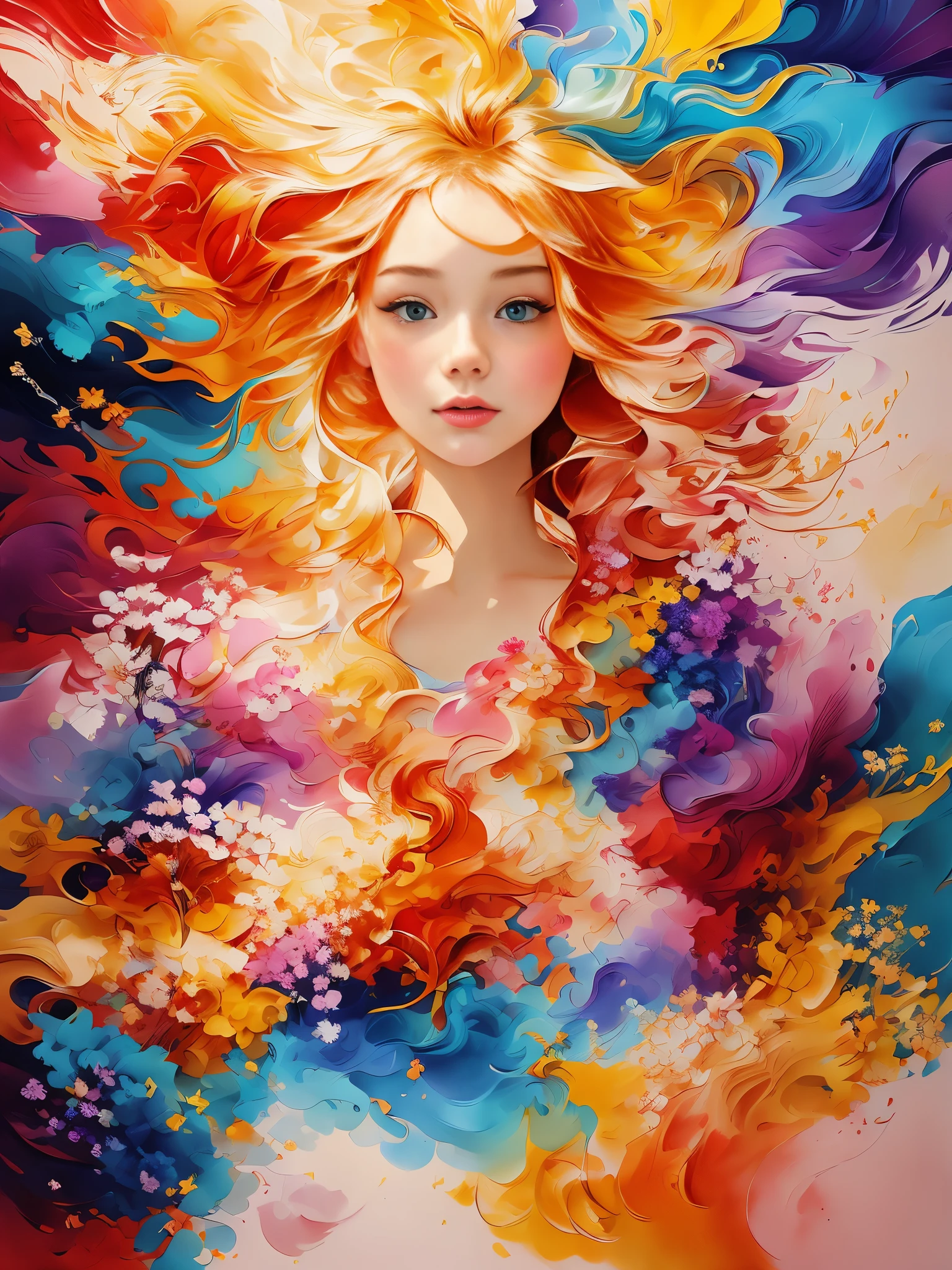 A stunningly colorful girl, 18 years old, with a playful mess of hair, portrayed in an oil painting. Her face is perfectly beautiful, with soft and flawless skin. The artwork showcases a harmonious blend of blue and yellow hues, with delicate additions of light purple and violet, as well as subtle touches of light red. The level of intricate detail is extraordinary, capturing every brushstroke and texture. The painting is presented in a splash screen format, allowing the vibrant colors to pop. With an impressive 8k resolution, this artwork is truly a masterpiece. The girl's face is undeniably cute, radiating youthful innocence. The artist's expertise is evident in this digital painting, featured on ArtStation, with a smooth finish that