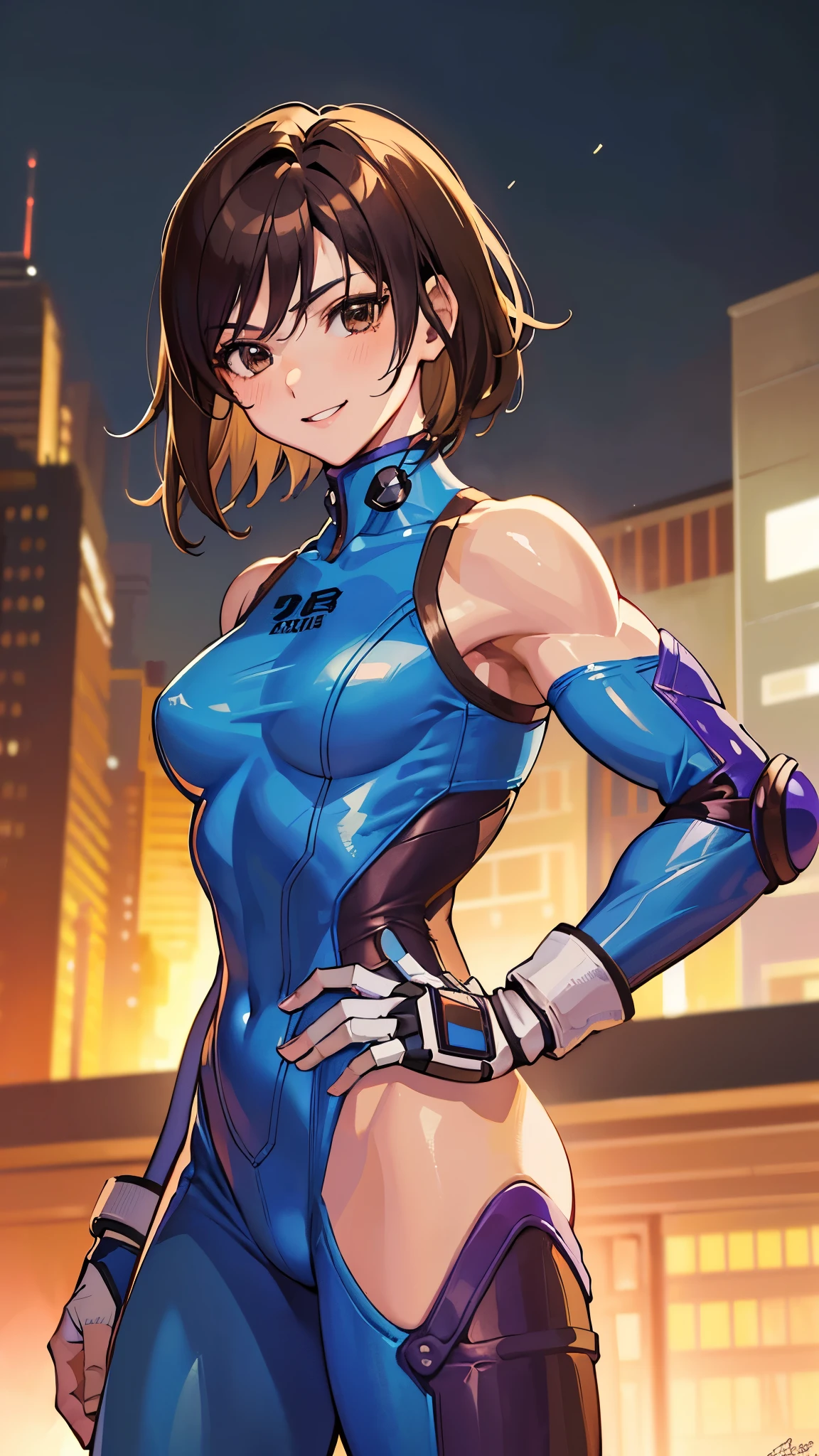 (masterpiece、highest quality、8K、High resolution:1.2)、、Alone、1 girl(Asuka Kazama、muscular woman、short brown hair、white skin、brown eyes)、cowboy shot、smile、put your hand on your waist、smile、tight clothes、tight suit、hero suit、body suit、trained abdominal muscles、trained biceps、(group of buildings:1.2)、night scene