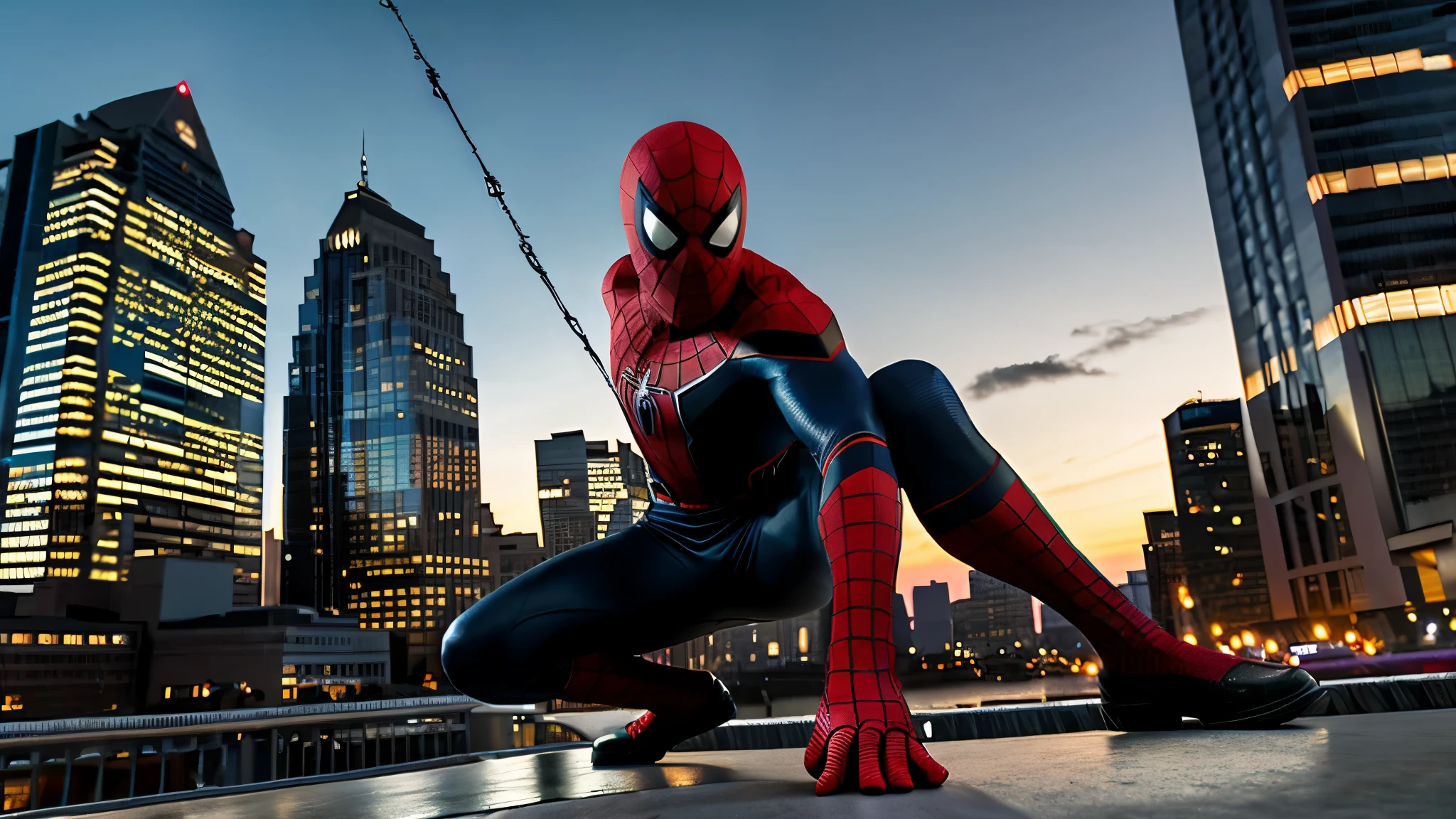 Spider - man in a suit sitting on a ledge in front of a city - SeaArt AI