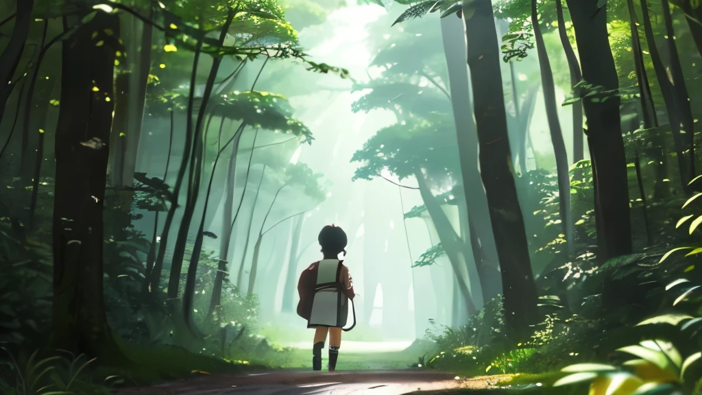 Amidst the lush jati tree forest, a young adventurer stands, their raven-black hair gently tousled by the breeze. With warm brown eyes and an Asian visage, they exude a sense of curiosity and wonder. Clad in a pristine white shirt and brown shorts, they carry a small cream-colored backpack, emblematic of their journey ahead.

As sunlight filters through the dense foliage, dappling the forest floor with golden hues, the adventurer pauses on a winding dirt path. To their left, tufts of wild grass and fallen jati leaves carpet the forest floor, adding to the enchanting atmosphere. The camera, positioned slightly below eye level, captures the adventurer at the center of the frame, perfectly encapsulating their spirit of exploration.

Rendered in the enchanting style of Studio Ghibli, this scene invites viewers to embark on a magical journey alongside the diminutive protagonist, weaving through the verdant depths of nature's embrace.

