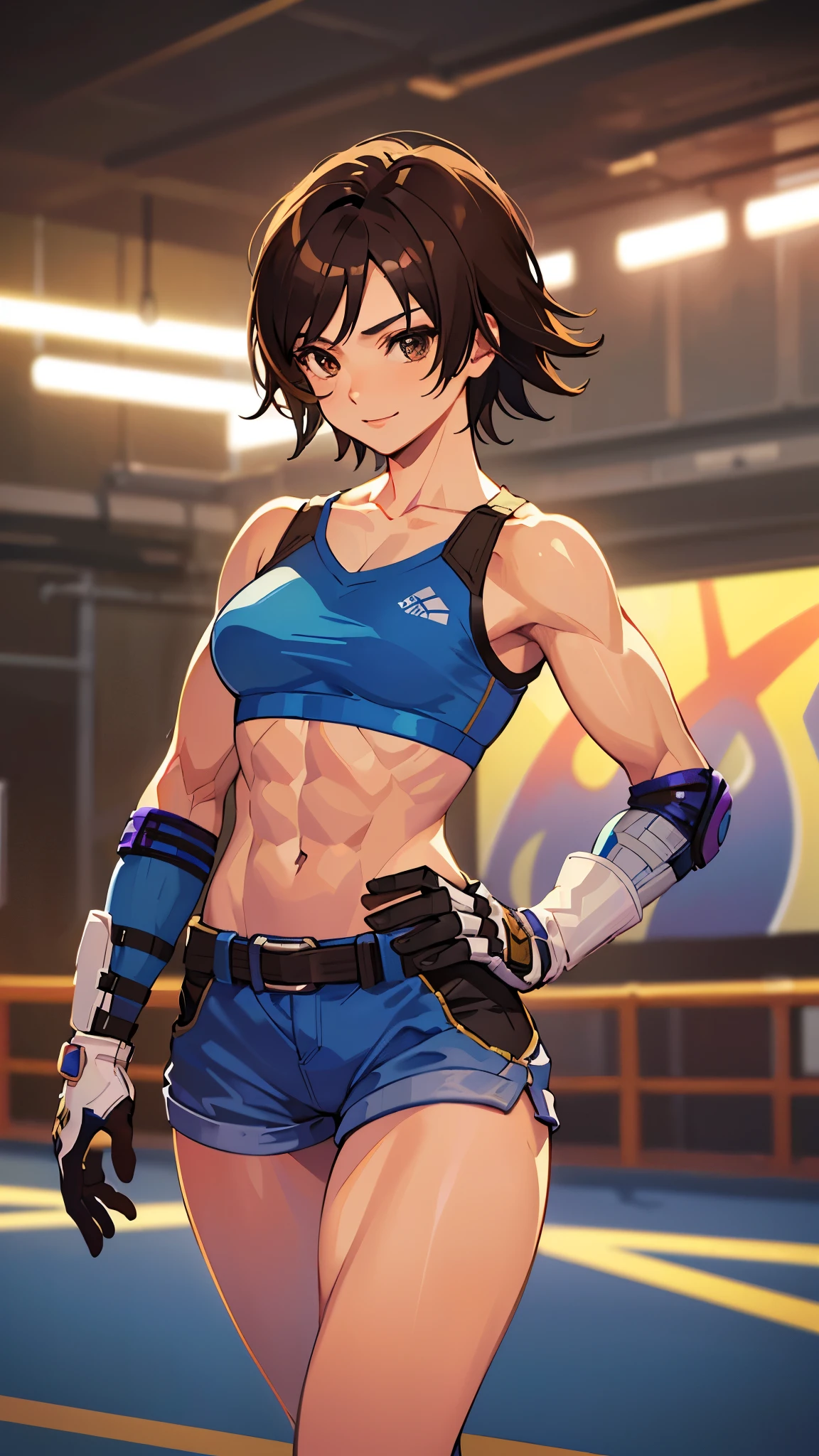 "(masterpiece、premium quality:1.2)、alone、1 girl(Asuka Kazama、muscular woman、short brown hair、white skin、brown eyes)、cowboy shot、smile、put your hand on your waist、tight clothes、sports bra、crop top、shorts、(gloves:1.1)、internal、elbow pad、trained abdominal muscles、trained biceps