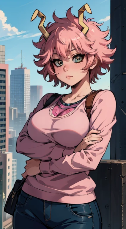 (best quality:1.3), (4k quality), 1 mature woman, Mina Ashido by boku no hero, ((Detailed face)), (blush), city, (pants leather)