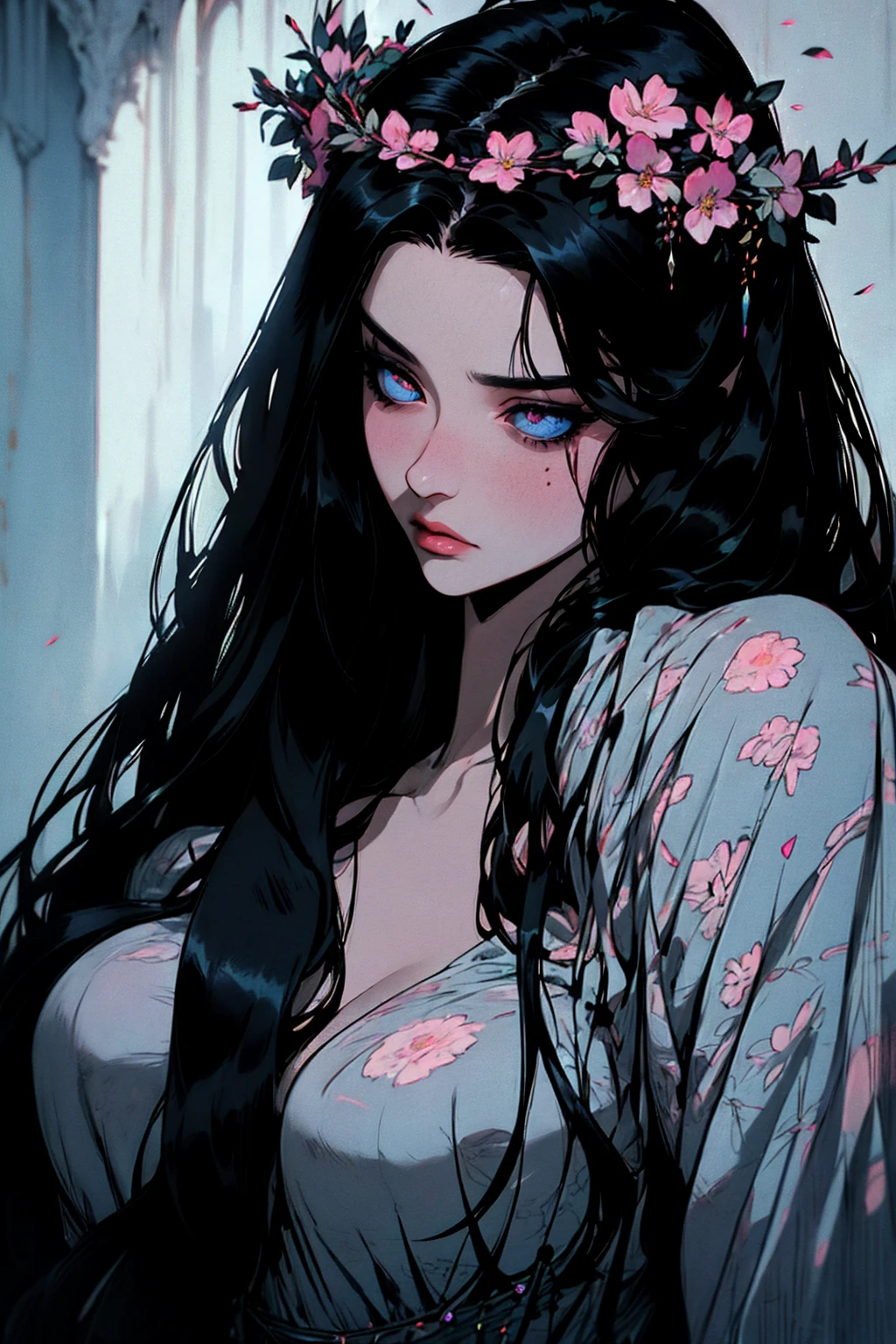 hyper-realistic  of a mysterious woman with flowing black hair, piercing opal eyes, and a delicate floral crown,  upper body