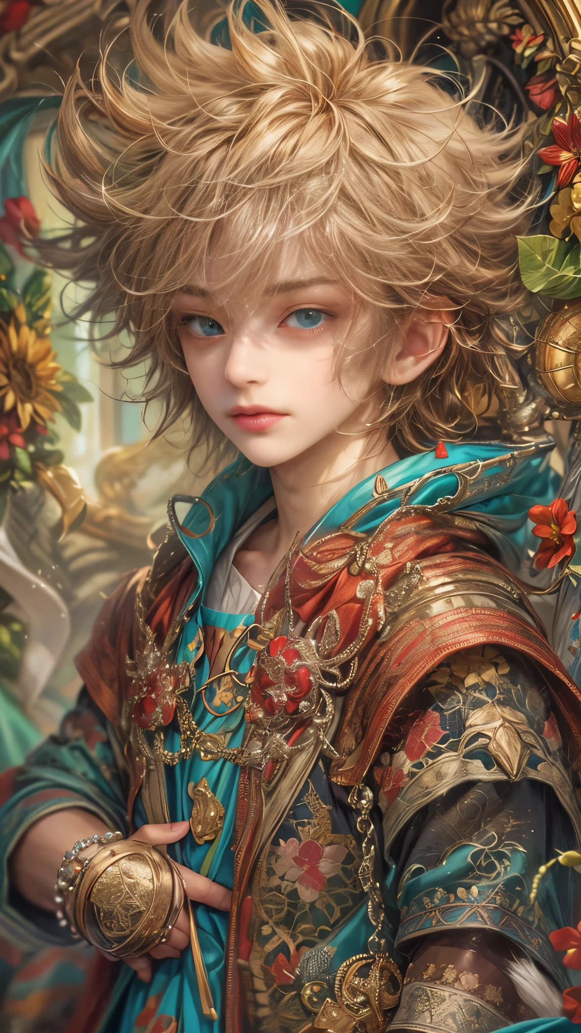 (absurdres, highres, ultra detailed, HDR), masterpiece, Intricate details,best quality close-up picture of a character from tear ring saga, handsome adult boy in tim burton style, anime eyes, Hero Outfit, in a legend of mana style of interior home design, detailed interiors, detailed character, art kenouji