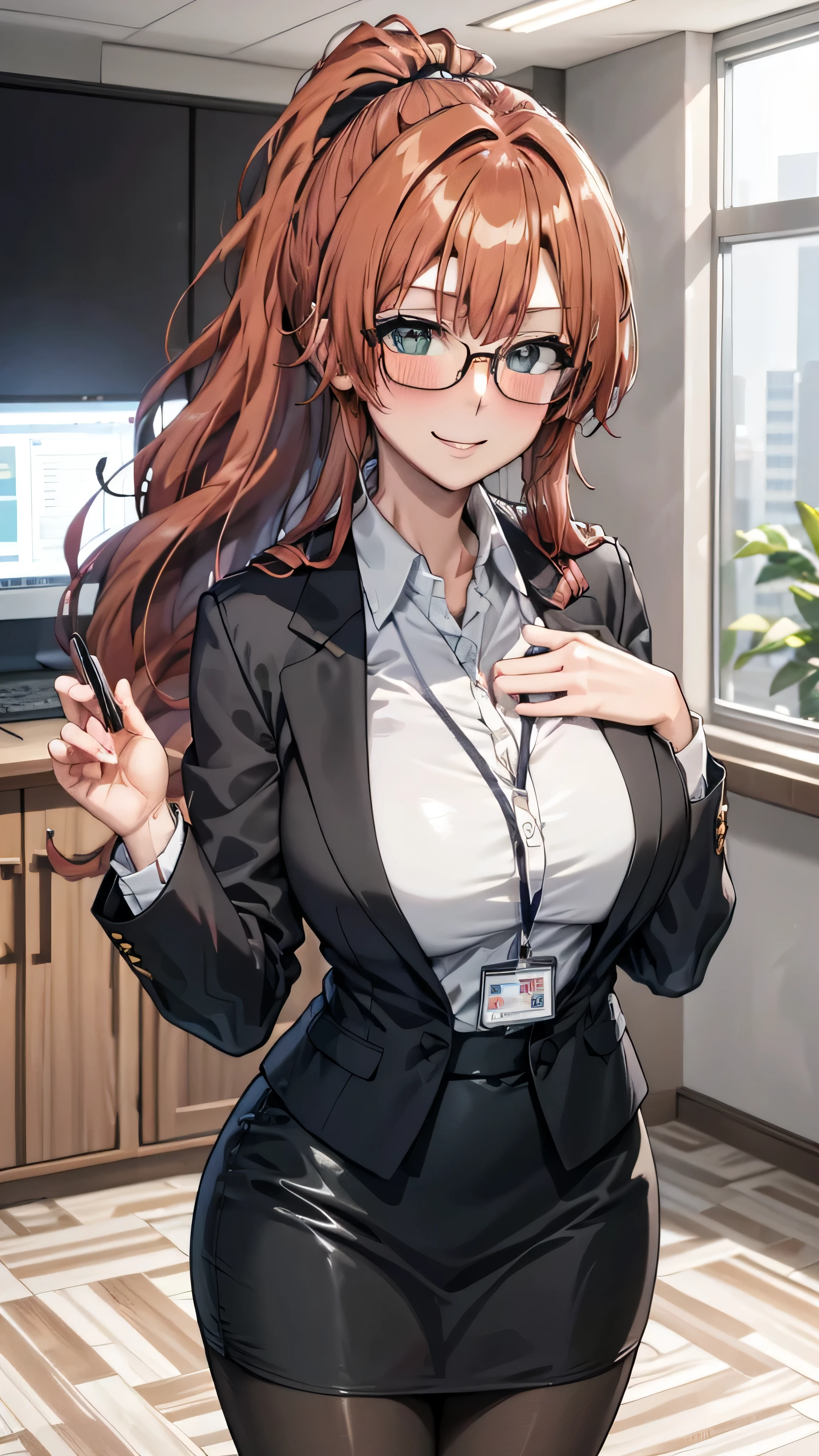 SLE, mksks style, detailed background SLE, mksks style, detailed background, solo, 1girl, aged up, mature female, nakano itsuki, star hair ornament, long hair, red hair, ahoge, bangs, hair amazing eyes, ponytail, green eyes, big breasts, Office girl,black glasses, half-rimmed glasses, under-rimmed glasses, black suit jacket, jacket with collar, white dress shirt, collared shirt, buttons, lanyard, ID card, black pencil skirt, black pantyhose, smile, blush, looking at the audience, office, desk, computer, indoor, black shinny hair