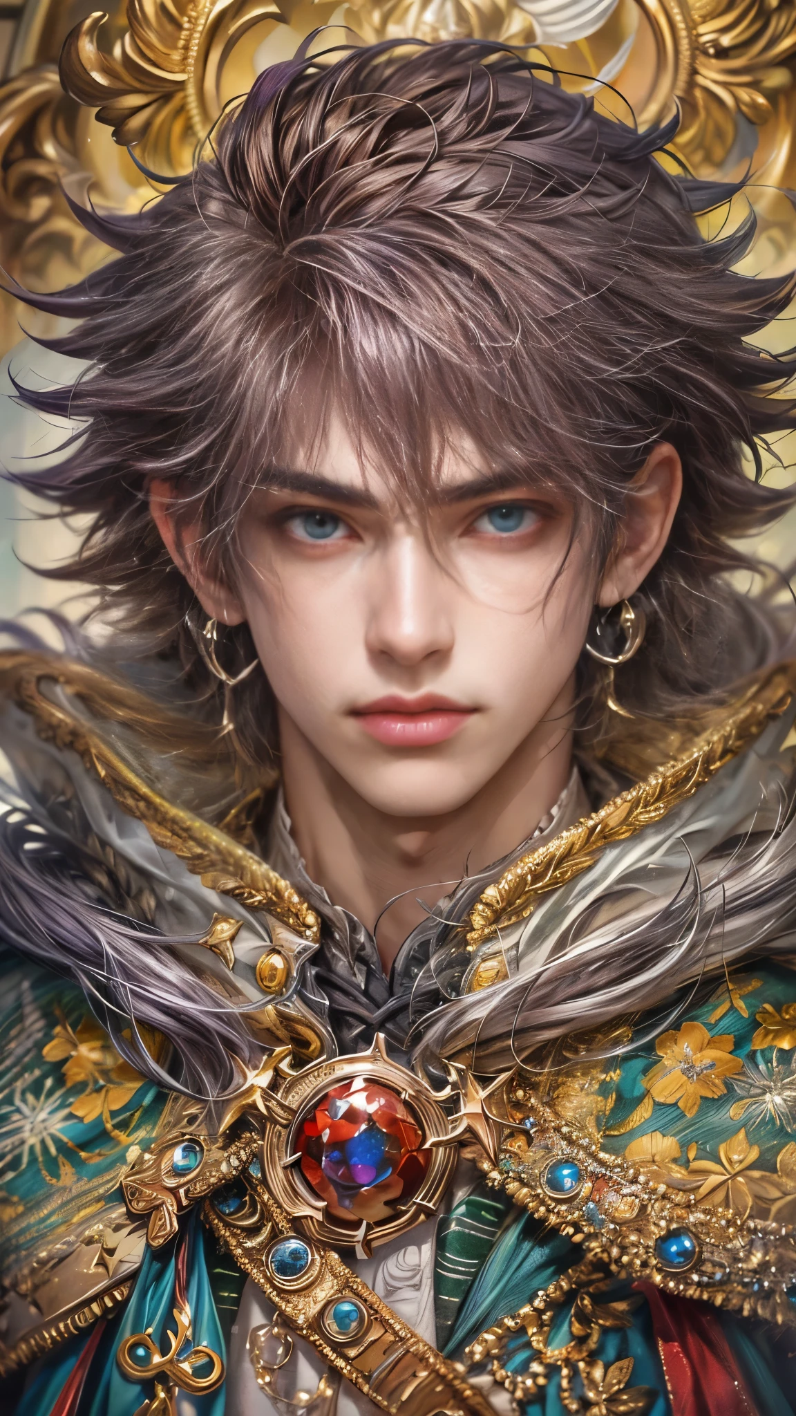 (absurdres, highres, ultra detailed, HDR), masterpiece, Intricate details,best quality close-up picture of a character from tear ring saga, handsome adult boy in tim burton style, anime eyes, Hero Outfit, in a legend of mana style of interior home design, detailed interiors, detailed character, art kenouji