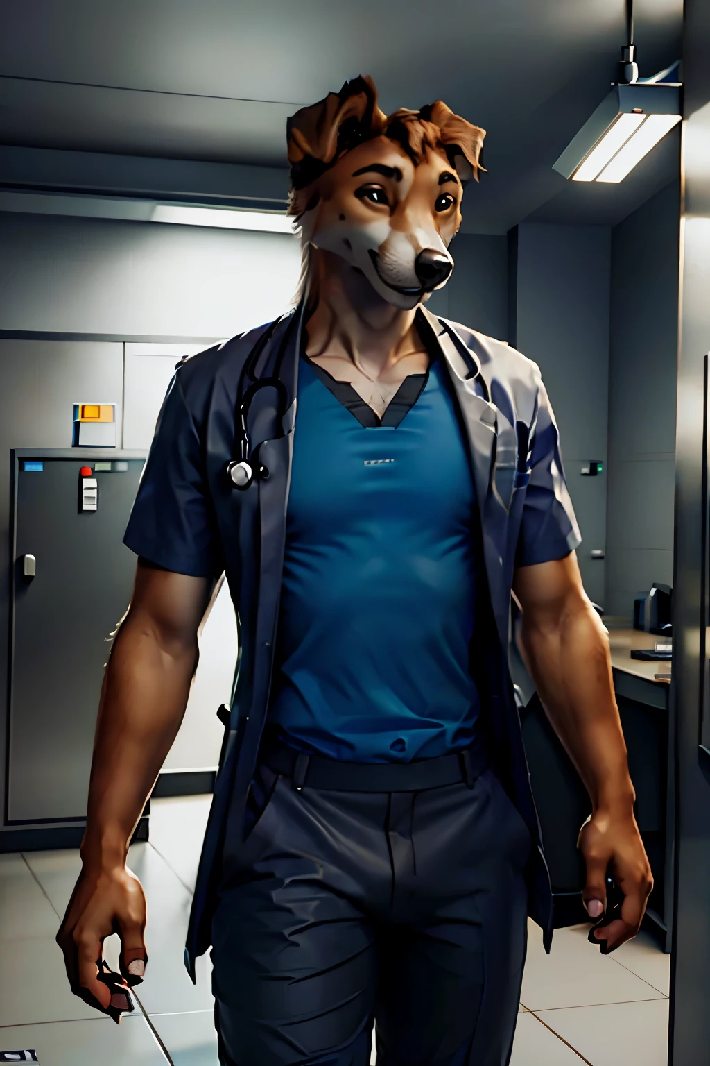 greyhound medic, male anthropomorphic grey hound, male dog doctor in a busy hallway, photo realistic, epic realistic, hyper realistic hospital scene, futuristic hospital scene, (male greyhound anthro dog in a doctor uniform in a futuristic hospital)