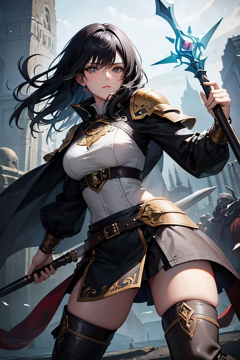 human druid woman with black hair and light grey eyes wearing leather armor and wielding a quarterstaff