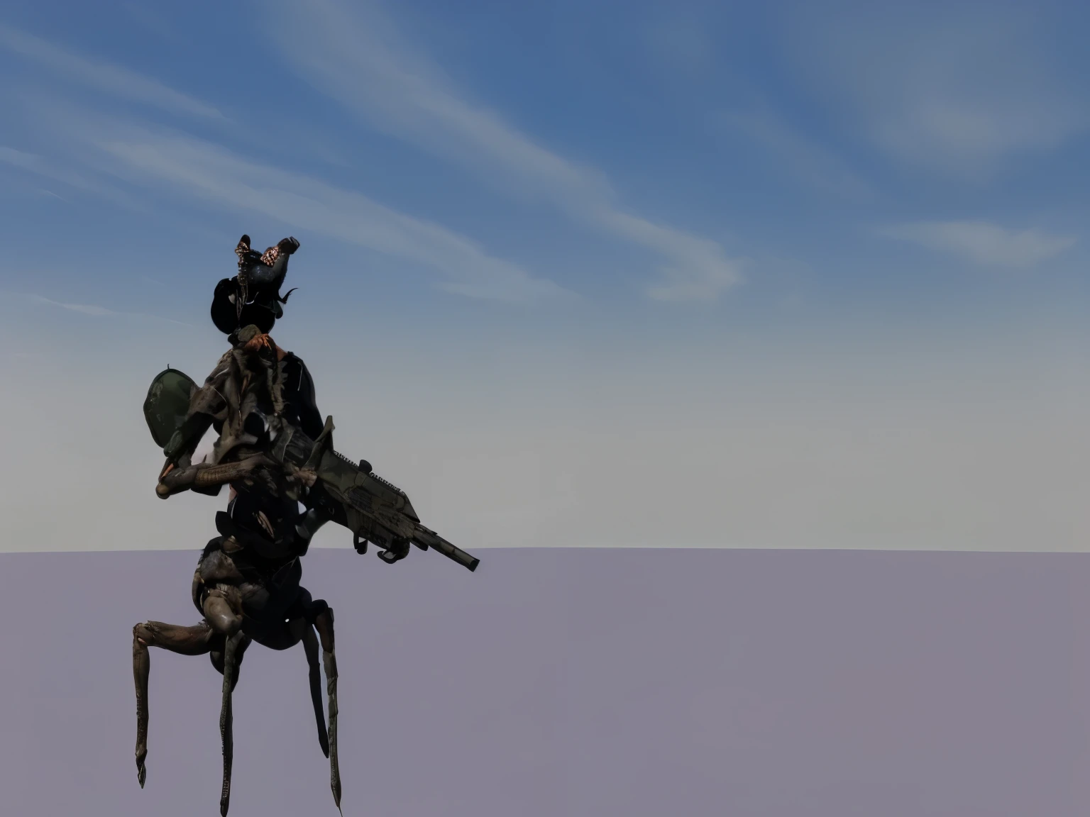 Alien bug with 4 legs 4 arms and 4 eyes holding a rifle standing in front of a blank background, photo realistic alien, hyper realistic alien centaur bug soldier, alien centaur bug in camouflage holding a rifle