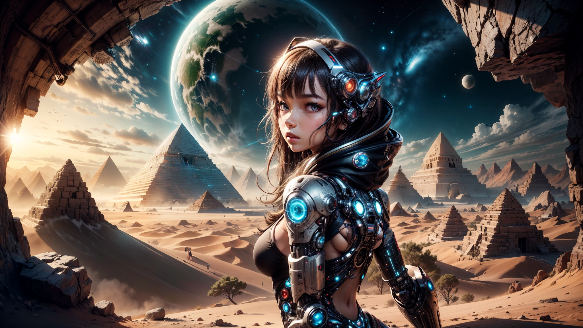 "((Fille techno-chic)) en Egypte, tenue Cyberstyle, entouré d&#39;un paysage spatial surréaliste avec des planètes fantastiques, baigné dans la lueur cosmique de l&#39;heure d&#39;or, ((éléments cybernétiques)), ((Règle des tiers)), ((chef-d&#39;œuvre futuriste)), détaillé, (Meilleure qualité)