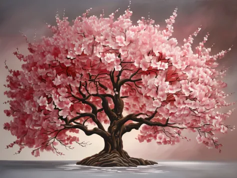 painting of a tree with pink flowers on a gray background, cerejeira, Flor de cerejeira tree, Flor de cerejeira, pintura detalha...