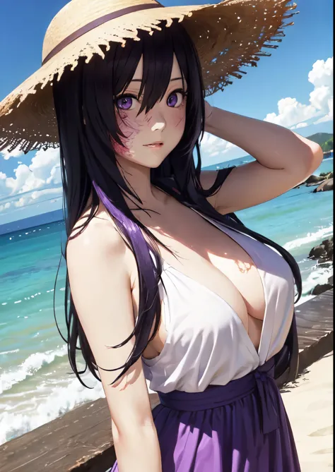 open chest, straw hat, yellow light summer short loose flowing dress, burn mark, hair over one eye, hanako ikezawa, burn scar the right side of the body, burn mark the right side of the body, flowing purple hair, big purple eyes, sunny windy day on the bea...