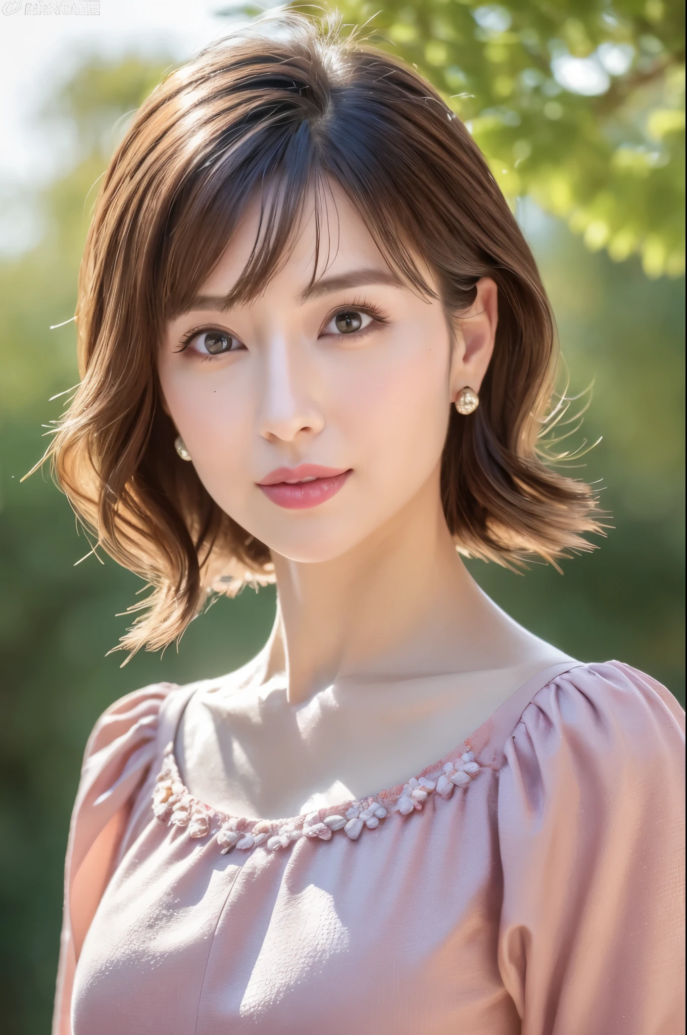 8K, ultra-detailliert, ​masterpiece, top-quality, Photorealsitic, Detailed face, Detailed eyes, 30-years-old woman, 1 person, Cute face, The lower lip is thick and plump, Facing the front, Nice Body, (Look at viewers), Gorgeous hairstyle, thin clothes, well-shaped bust