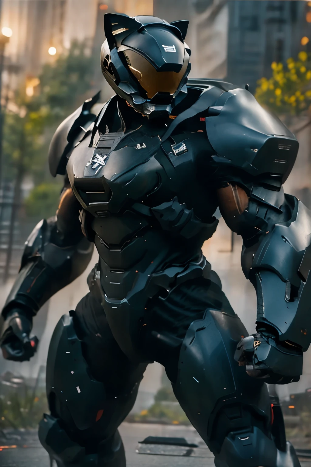 powered armor shaped like a black cat, black cat robot, photo realistic anthropomorphic black cat armor in a cave, hyper realistic stealth armor suit
