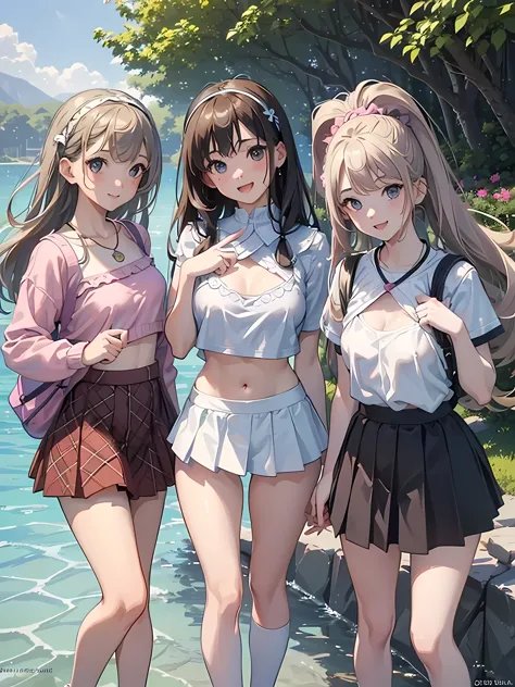((highest quality)), ((masterpiece)), (3 girls:1.3), Three cute girls are posing for the camera outdoors underwater, (shirtを持ち上げ...