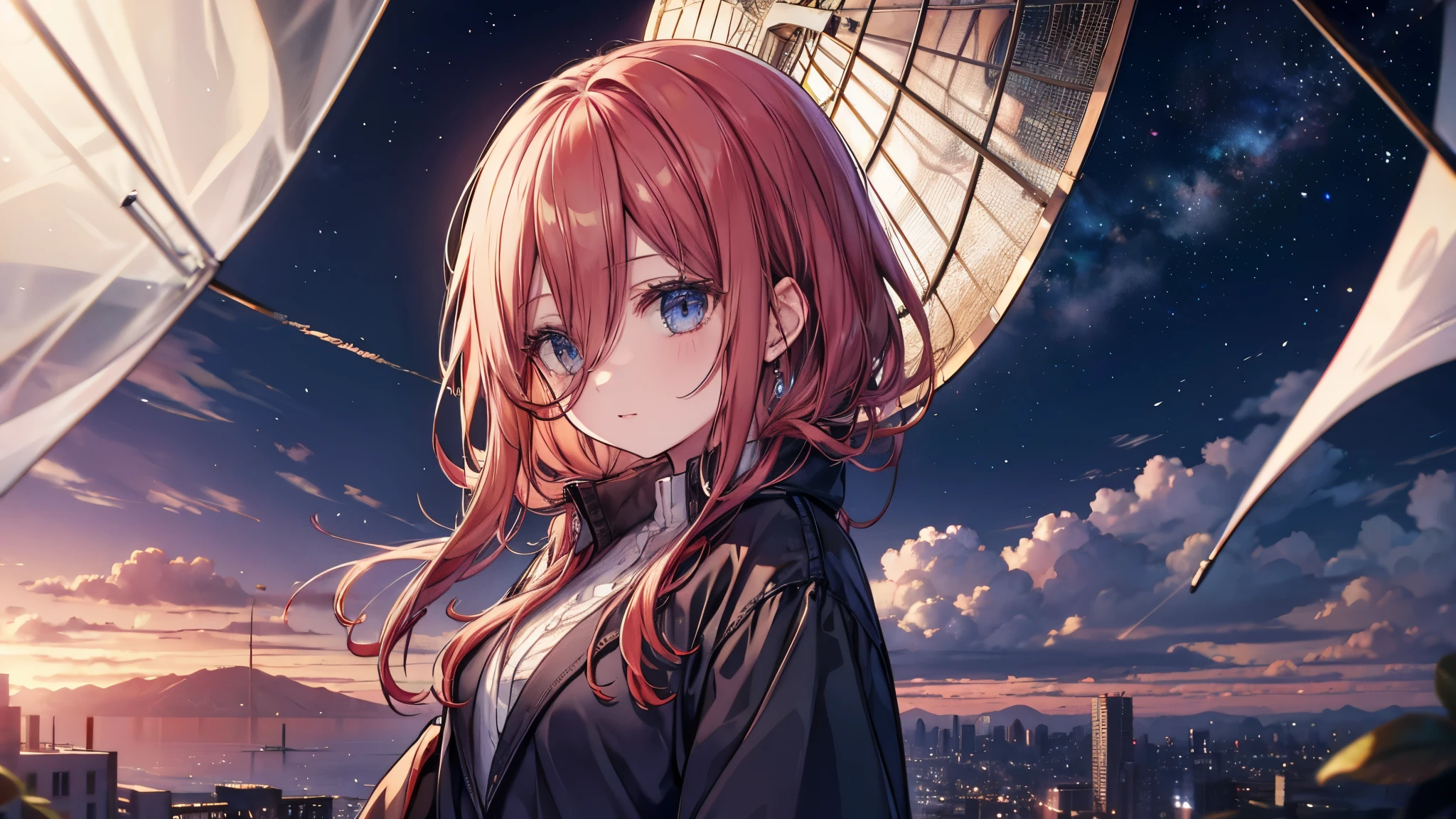 Anime girl with red hair and blue eyes standing in front of a city - SeaArt  AI