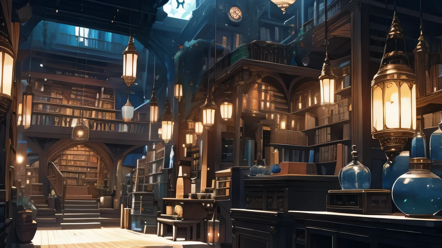 interior de fantasia da biblioteca, à noite muitos itens, Estantes, itens mágicos
