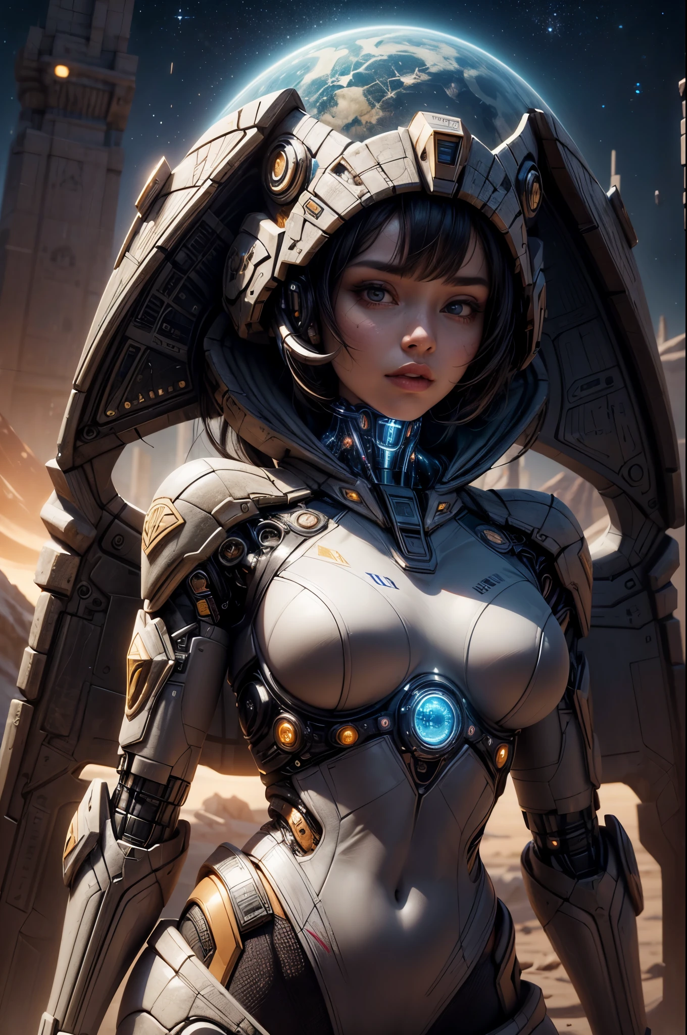 "((Techno-chic girl)) in Egypt Cyberstyle attire, surrounded by a surreal space landscape with fantastic planets, bathed in the cosmic glow of the golden hour, ((cybernetic elements)), ((rule of thirds)), ((futuristic masterpiece)), detailed, (best quality)