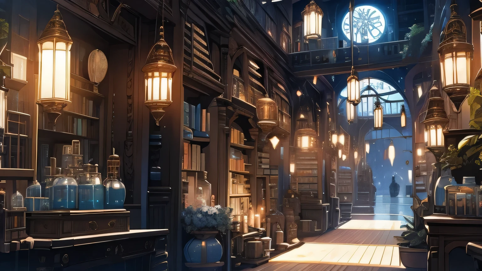interior de fantasia da biblioteca, à noite muitos itens, Estantes, itens mágicos, corredor