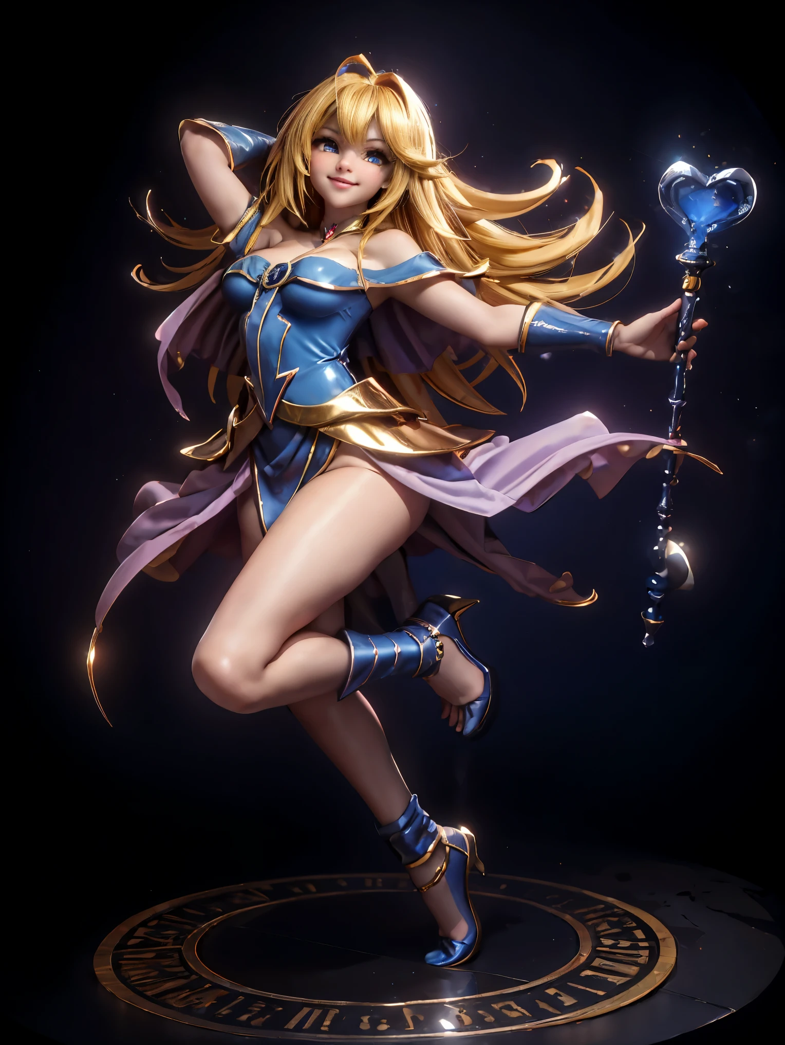 Dark magician gils en el aire, ella esta parada saltando, Fondo de corazones mágicos. Sonrisa en sus labios. Ojos celestes. Cabello dorado. Pose sensual. Levitando en una pie. Tiene tacones. 1.1 Usa tacones azules y dorados . Usa tacones 