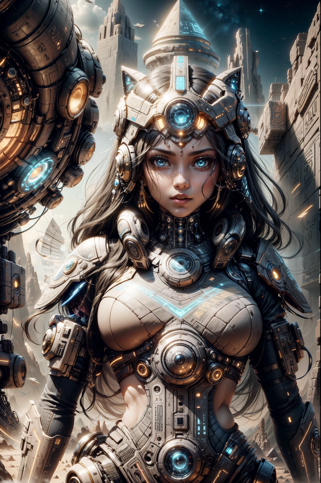 "((Techno-chic girl)) in Egypt Cyberstyle attire, surrounded by a surreal space landscape with fantastic planets, bathed in the cosmic glow of the golden hour, ((cybernetic elements)), ((rule of thirds)), ((futuristic masterpiece)), detailed, (best quality)