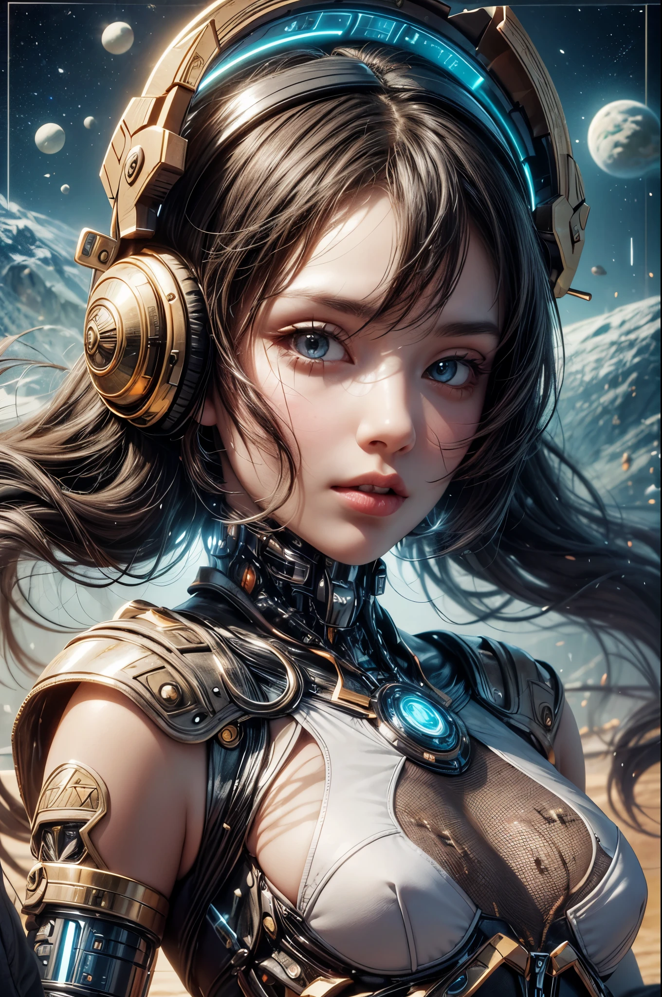 "((Techno-chic girl)) in Egypt Cyberstyle attire, surrounded by a surreal space landscape with fantastic planets, bathed in the cosmic glow of the golden hour, ((cybernetic elements)), ((rule of thirds)), ((futuristic masterpiece)), detailed, (best quality)