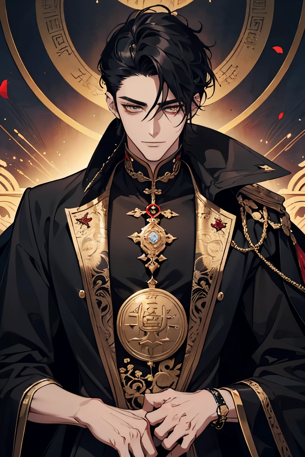 close up of a person in a black coat and black hair, full body xianxia, beautiful male god of death, vampire fashion, wearing a black noble suit, detailed anime character art, male vampire of clan banu haqim, full body black and black longcoat, with his short black hair, curly hair, androgynous vampire, detailed 20 year old male face, ultra realistic anime, golden eyes no emotions, INTJ, intelligent, gold, golden, smile, grin