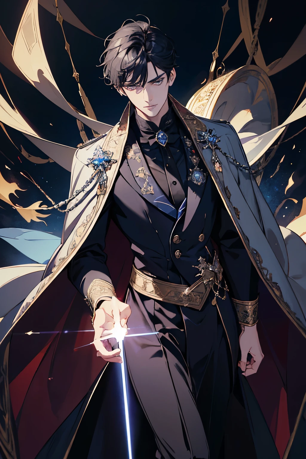 a close up of a person wearing a cape and a cape, wearing fantasy formal clothing, beautiful androgynous prince, ((wearing aristocrat robe)), delicate androgynous prince, regal dark blue clothes, silver brocaded dark blue clothes, costume with blue accents, dark ornate royal robes, imperial royal elegant clothing, elegant cape, royal cape, black hair, blue eyes, absurderes，A high resolution，ultra - detailed），1 person，AS-Adult，handsome，tall and muscular boy，a broad shouldered，Fine and detailed eyes and detailed face，Short black hair，Onyx-colored eyes，fanciful，Magnificent background，shadow effect, flame，Floating crystals，Divine brilliance，Grand background，magia