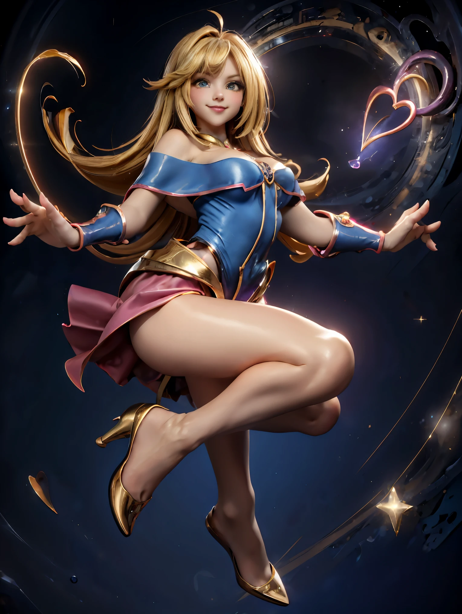 Dark magician gils en el aire, ella esta parada saltando, Fondo de corazones mágicos. Sonrisa en sus labios. Ojos celestes. Cabello dorado. Pose sensual. Levitando en una pie. Tiene tacones. 1.1 Usa tacones azules y dorados . Usa tacones 