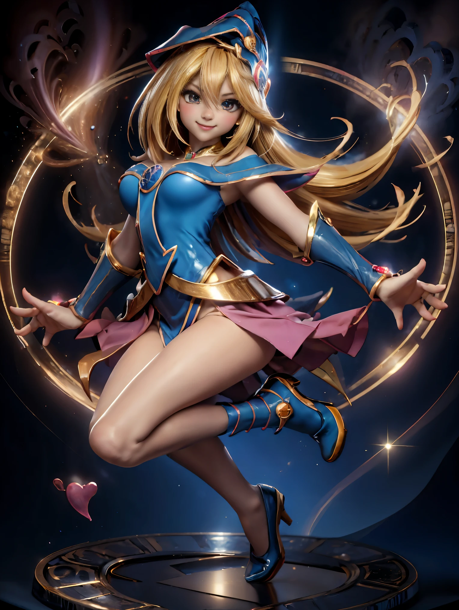 Dark magician gils in the air, she is standing jumping, Magic hearts background. smile on his lips. blue eyes. Golden hair. pose sensual. Levitating on one foot. has heels. 1.1 Wear heels azules y dorados . Wear heels 