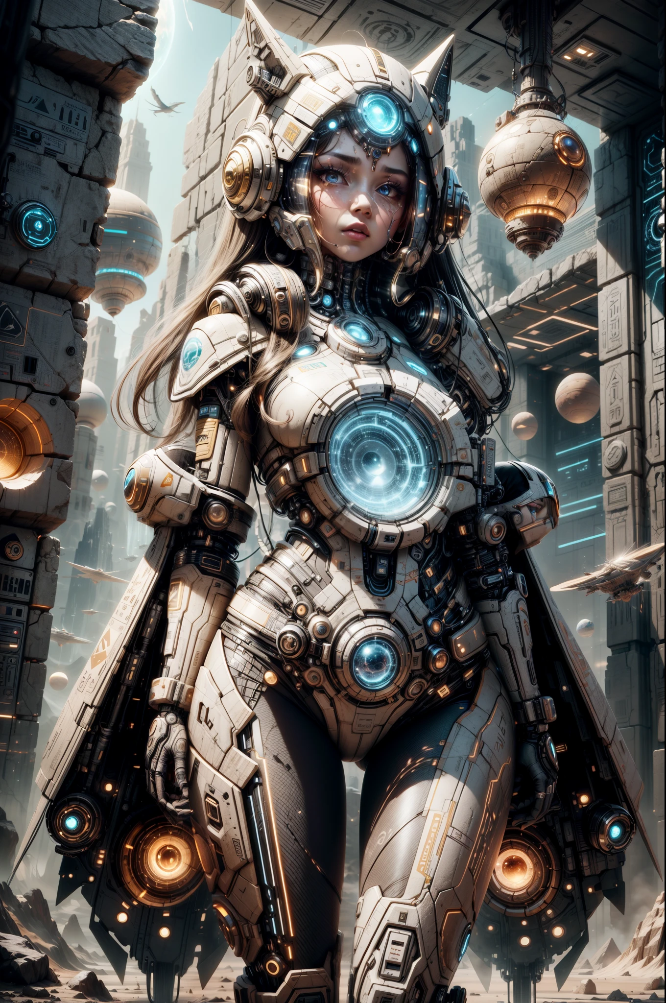 "((Techno-chic girl)) in Egypt Cyberstyle attire, surrounded by a surreal space landscape with fantastic planets, bathed in the cosmic glow of the golden hour, ((cybernetic elements)), ((rule of thirds)), ((futuristic masterpiece)), detailed, (best quality)