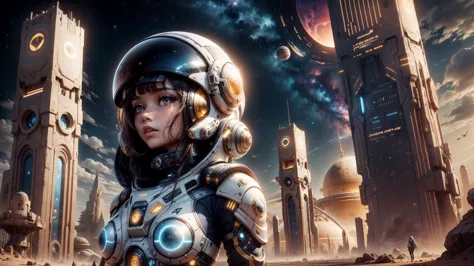 "((Techno-chic girl)) in Egypt Cyberstyle attire, surrounded by a surreal space landscape with fantastic planets, bathed in the ...