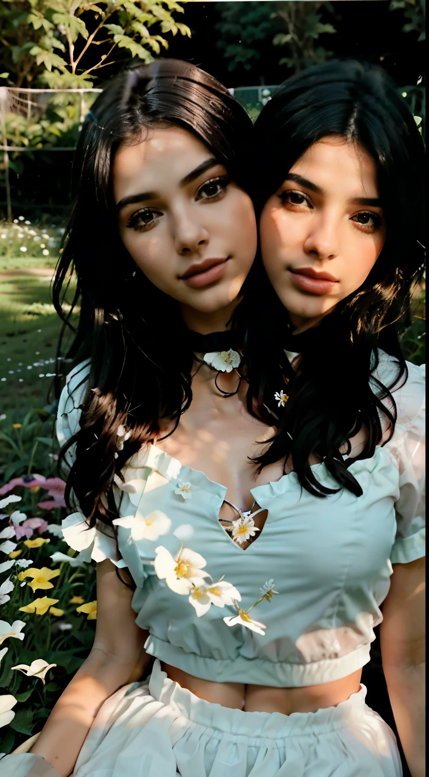 Two women in dresses posing for a picture in a garden - SeaArt AI