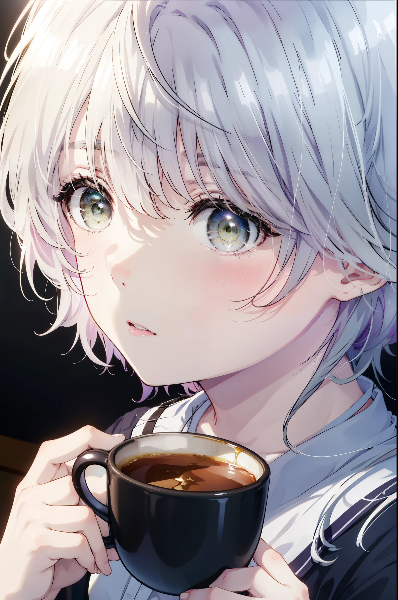 fuukakikuchi, fuuka kikuchi, １girl girl,short hair, bangs, hair between eyes, (green eyes:1.3), gray hair,black cardigan　There is an open front,pink camisole,black string underwear,barefoot,Waking up,sitting on the sofa,holding a coffee mug with both hands,Waking up,Asahi,sunrise,
break indoors, room,
break looking at viewer,whole body,Upper body,(cowboy shot:1. 5)
break (masterpiece:1.2), highest quality, High resolution, unity 8k wallpaper, (figure:0.8), (detailed and beautiful eyes:1.6), highly detailed face, perfect lighting, Very detailed CG, (perfect hands, perfect anatomy),