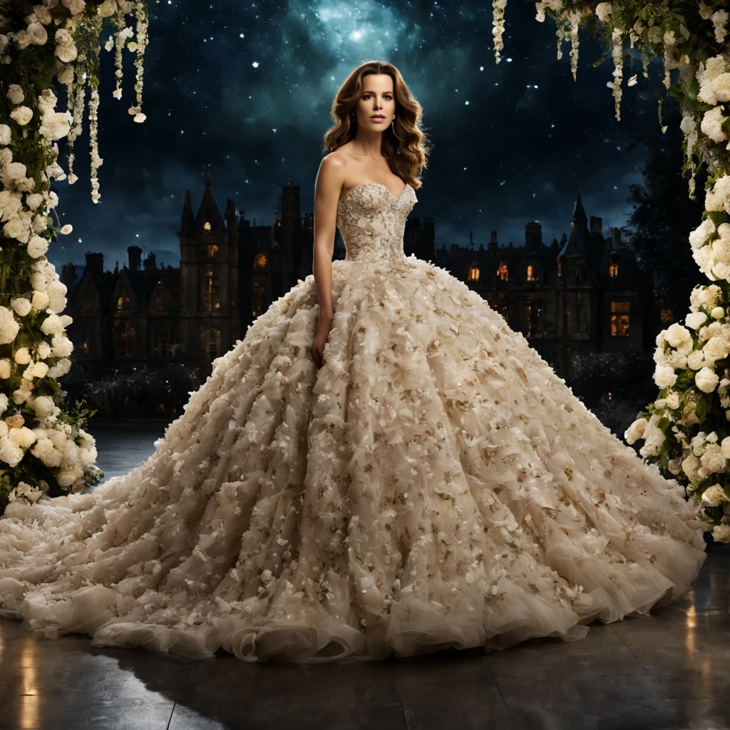 A high resolution, Absolutamente lindo，uma mulher (Kate Beckinsale) (27 anos)，O vestido Creme Caramelo，The debutante ball skirt is long to the floor, with a beautiful aurora borealis and very detailed in the night sky, com um jardim de flores detalhado, with flower petals falling from the sky, in front there is a cliff.