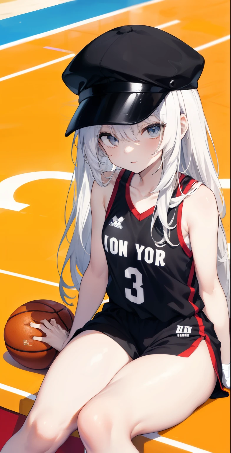 Anime girl sitting on basketball court with ball and cap - SeaArt AI