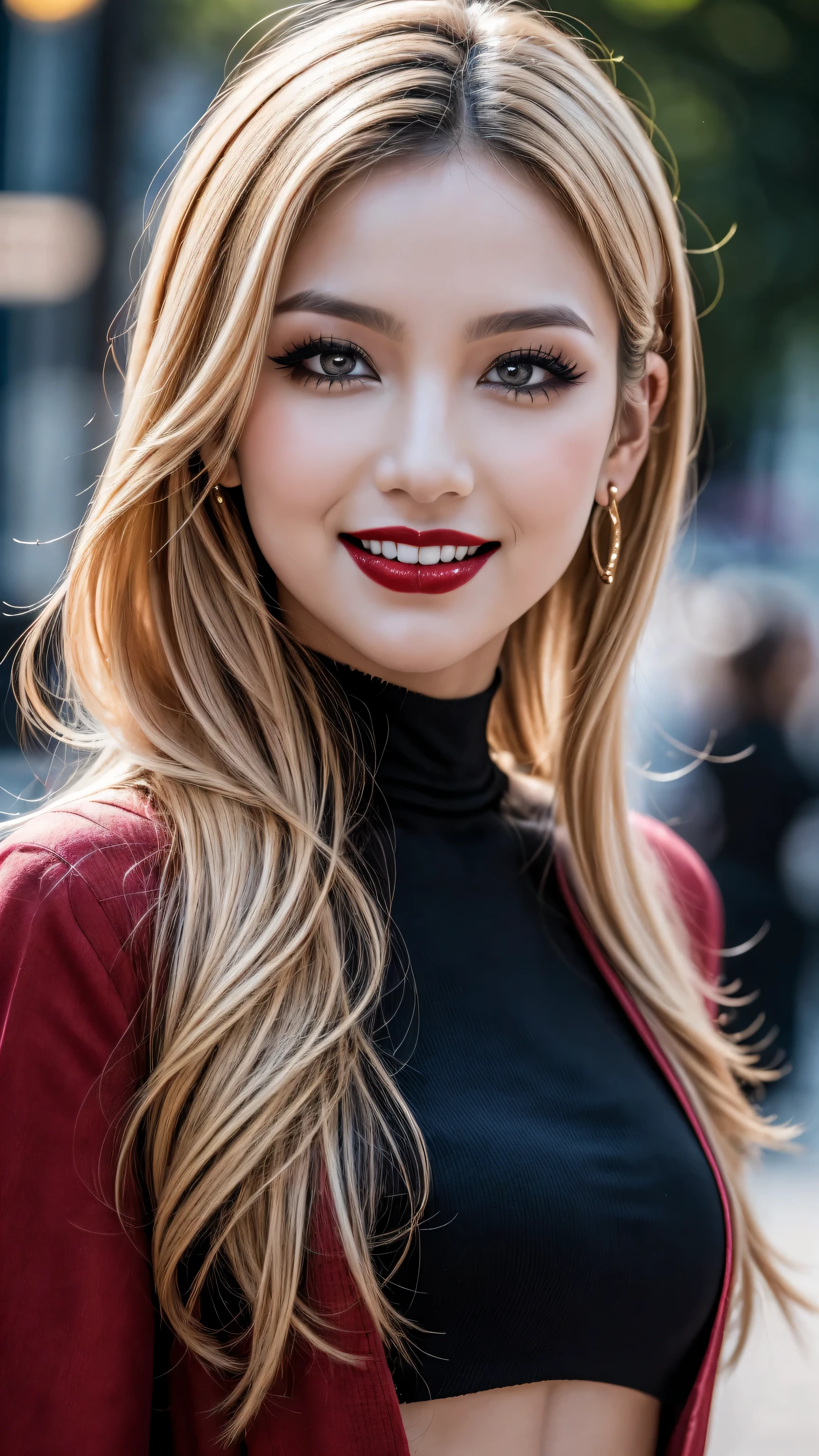((close up of face)))、(ultra-detailed)、Ultra-realistic movie master pie with ultra-detailed primetime portraits, 最high quality, 8K, table top, Ultra HD, 1 girl 22 years old、fashion supermodel, blonde curly hair、最high quality, high quality, High resolution、fashion supermodel、((cute vampire,  type))、(dressed in a very complicated Extravagant street outfit), real:1.7、photorealistic:1.7、very delicate and beautiful、((masterpiece:1.3)), ((absurdres))、((sharp fous))、(beautiful face:1.45)、(detailed face:1.4)、(detailed eyes:1.35)、(detailed lips:1.2)、(Detailed nose:1.2)、(Glamour, paparazzi taking pictures of her)、((light dark short hair、extremely detailed, professionally made hairstyles))、 ((black_eyeshadows:1.44))、 (very dark dark red_lipstick:1.42)、((perfect round eyes))、 ((red_eyes:1.4))、 black_makeup:1.35、((a mocking smile, blood dripping from the corners of his mouth))、(Increase quality:1.4), (best quality real texture skin:1.4),