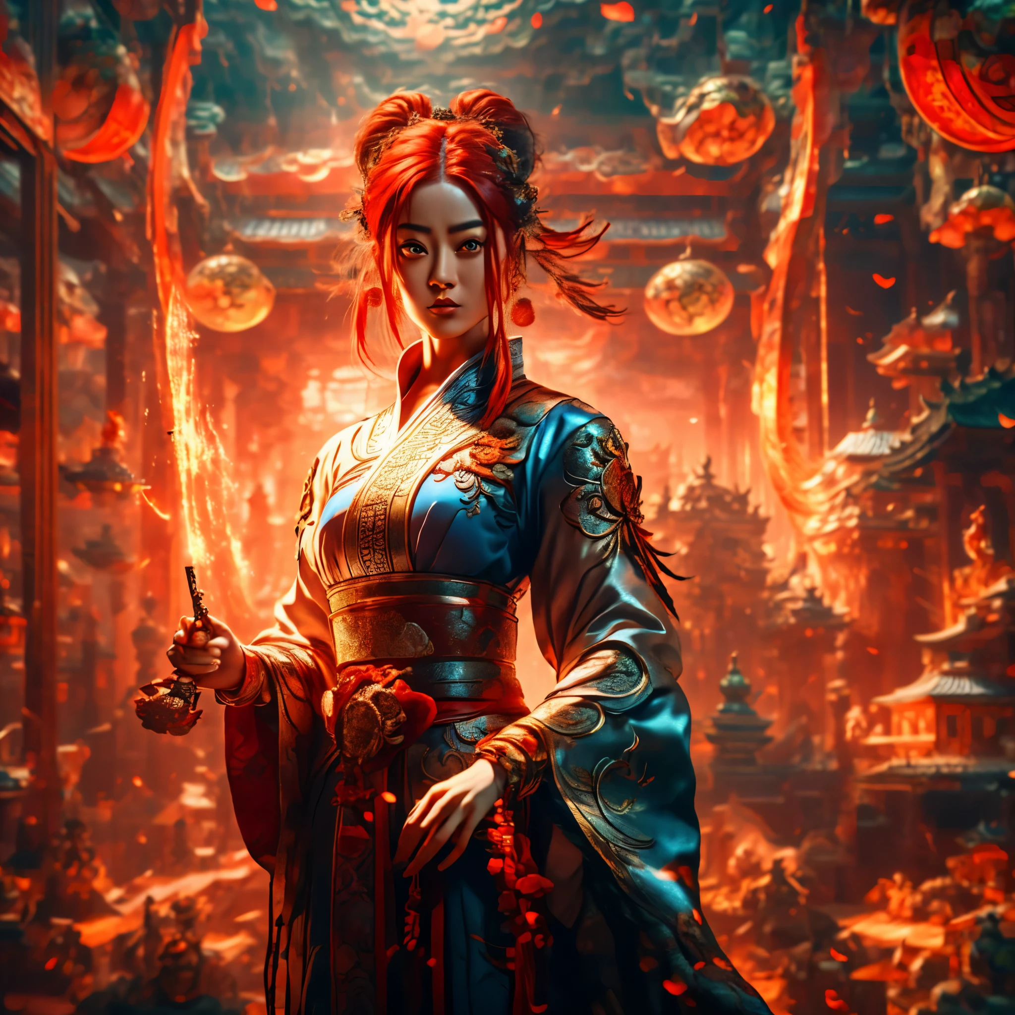 (best quality,4k,8k,highres,masterpiece:1.2),ultra-detailed, 1girl, Chinese fox spirit Su Daji, red hair, blue traditional Chinese dress, HDR, 8k, absurdres, cinestill 800, sharp focus