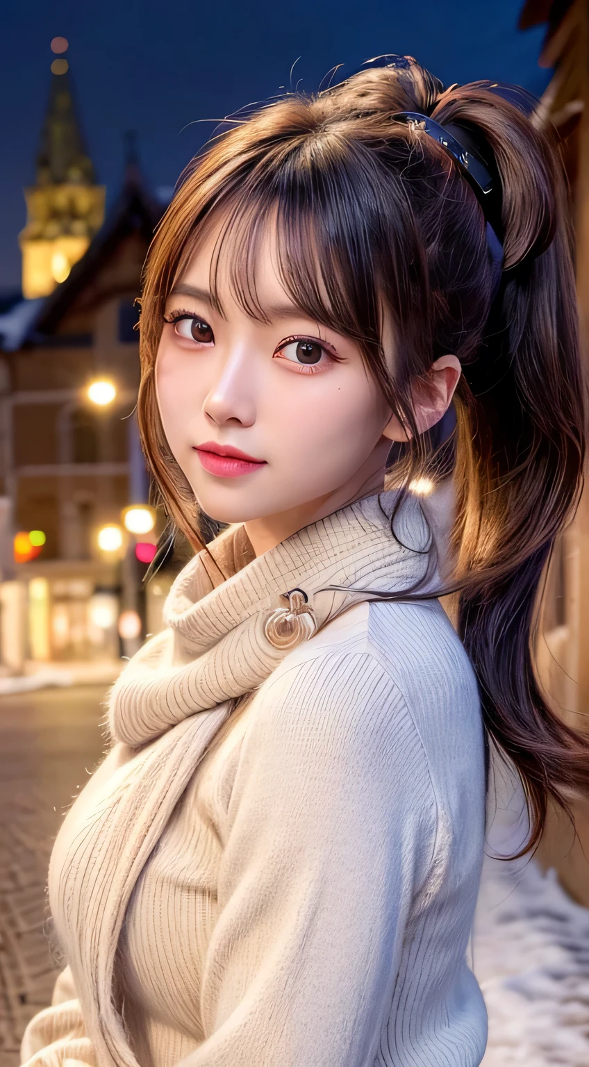 blush,long hair ponytail,big ribbon in her hair,(8k, RAW photo, highest quality, debris flies:1.2), (reality, reality的な:1.4), (Highly detailed 8k wallpaper), focus clearly on the chest, Depth of written boundary, cinematic lighting, soft light, Details beauty eye,Shiny and smooth light brown ponytail, asymmetrical bangs, shiny skin, super dense skin ,High resolution, high detail, detailed hairstyle, detailed beauty face, hyper real, perfect limbs, perfect anatomy ,1 Japanese girl,famous japanese idol, perfect female body,shy smile,short eyelashes,double eyelid,look straight here,Hair style is ponytail,wear a ribbon, office,long ponytail hairstyle,wearing a scrunchie,wearing a long coat,street,stand straight and pose,so that the whole body can be seen,winter,warm clothes,look straight at me,wearing a scarf,that&#39;It&#39;s snowing,european cityscape,cobblestone road,European churches can be seen in the background,in front of a church in europe,At night,Illuminations are shining