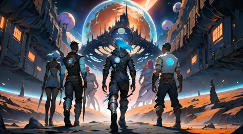 A wallpaper written "Numenera: The Knife's Edge:" with just 5 characters, 3 men and 2 women, dressed in futuristic clothes diffe...