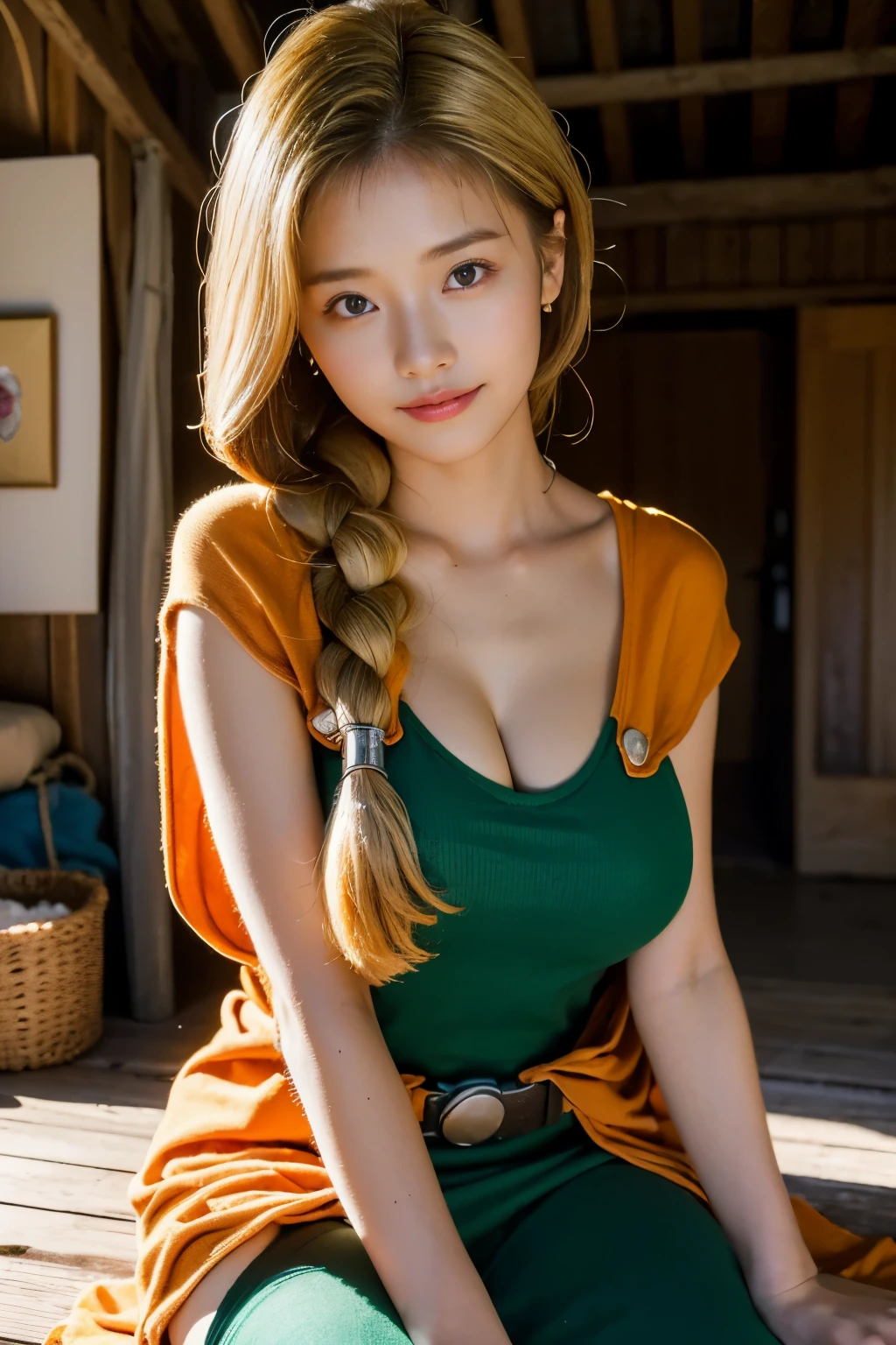 masterpiece、1 beautiful girl、fine eyes、puffy eyes、highest quality, 超High resolution, (reality: 1.4), movie lighting、Japanese、Asian Beauty、Korean、super beautiful、beautiful skin、body facing forward、Upper body,close up of face、(Ultra-realistic)、(High resolution)、(8K)、(very detailed)、(Beautiful and fine eyes)、(Super detailed)、 (wall-)、detailed face、bright lighting、professional lighting、nice smile,looking at the viewer、look straight ahead、slanted bangs、Nogizaka Idol、korean idol、fiery idol pose、(masterpiece, highest quality, High resolution, 32k), bianca_dq5, woman, (blonde hair:1.1, long blonde hair, braid hair:1.1, green dress, Orange cloak, black long boots:1.1, huge breasts:1.55, perfect slim body:1.2), (in an abandoned hut, shabby hut, messy shed, Deep woods,, dark atmosphere:1.2), A magnificent reality, ((neutral color)), (calm colors:1.2), Super detailed, (art station:1.5), cinematic, warm light, dramatic light, (intricate details:1.1), (natural skin texture, hyper realism, soft light, sharp:1.2), (detailed face, super dense skin),