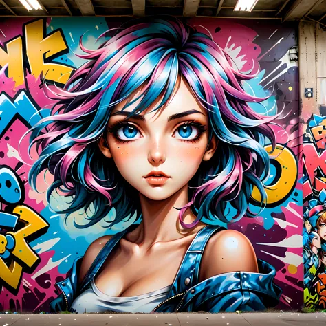 A mural of graffiti comic in a building wall.

(best quality,realistic),(close-up),(anime artwork:1.1),(mural),(venus 5 style:1.1),(90s anime style:1.1),(vibrant colors),(detailed characteragical atmosphere),(soft lighting),(nostalgic),(dynamic poses),(exp...