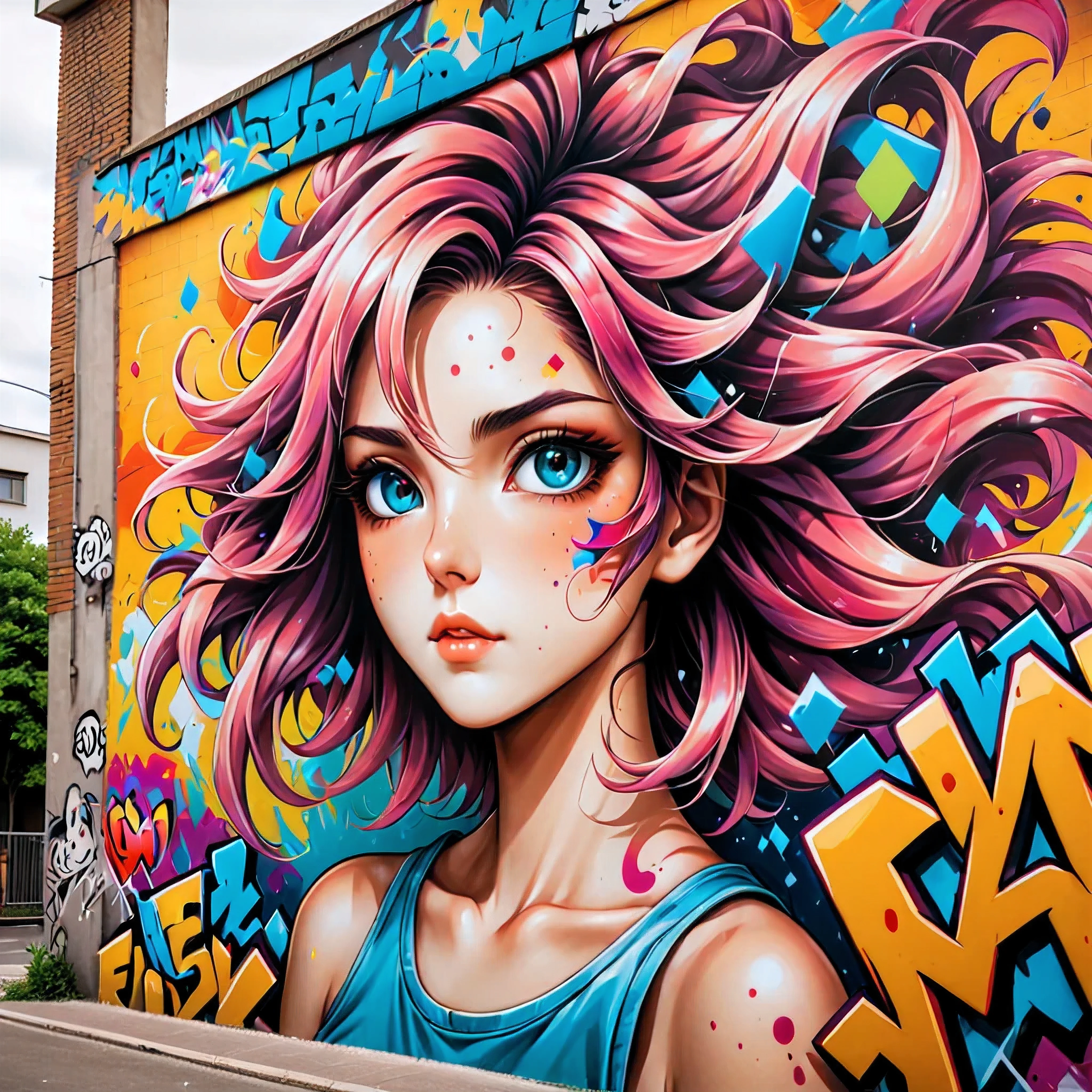 A mural of graffiti comic in a building wall.

(best quality,realistic),(close-up),(anime artwork:1.1),(mural),(venus 5 style:1.1),(90s anime style:1.1),(vibrant colors),(detailed characteragical atmosphere),(soft lighting),(nostalgic),(dynamic poses),(expressive eyes:1.1),(beautiful hairstyles),(playful expressions),(whimsical background),(eye-catching),(colorful composition)