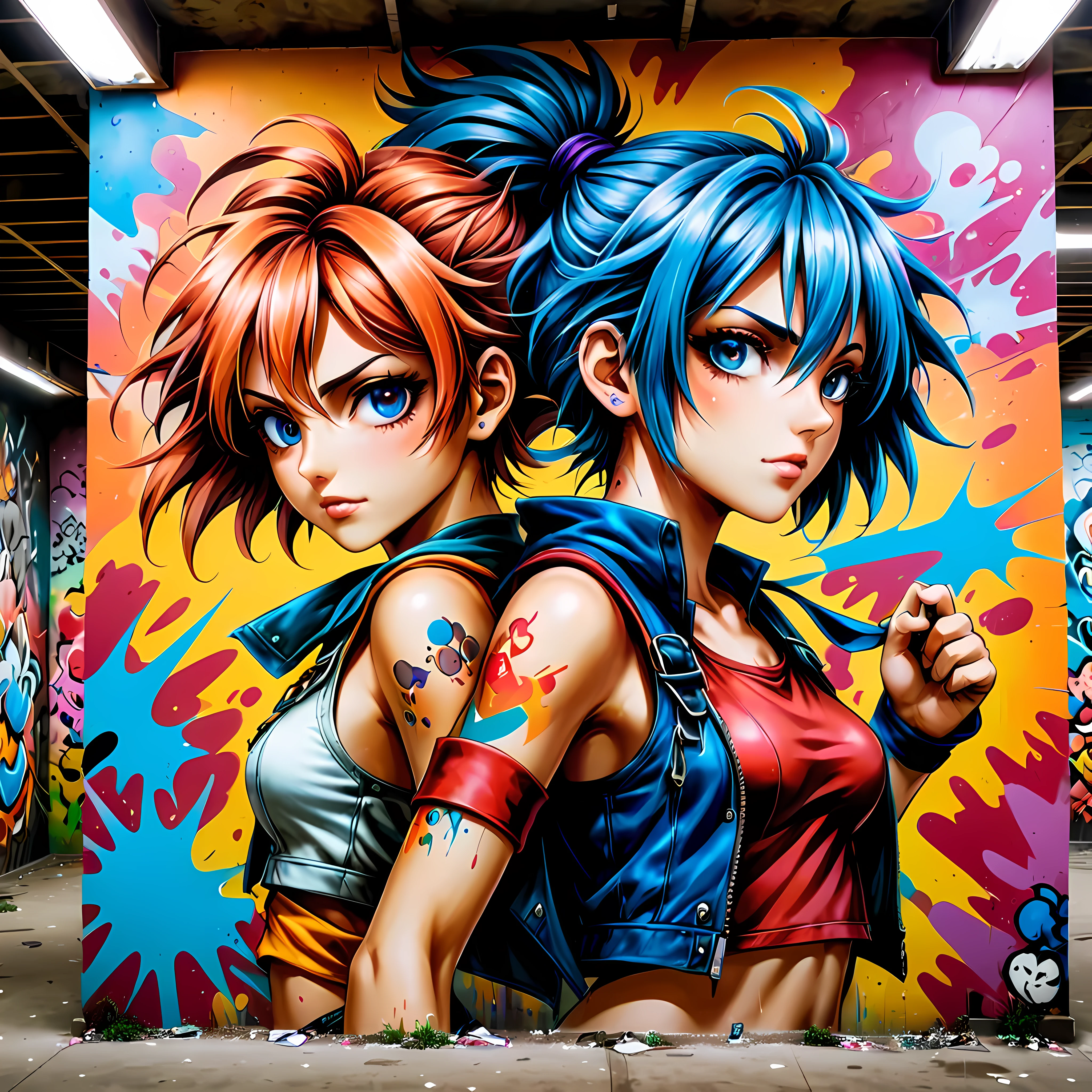 A mural of graffiti comic in a building wall.

(best quality,realistic),(close-up),(anime artwork:1.1),(mural),(chrono cross style:1.1),(90s anime style:1.1),(vibrant colors),(detailed characteragical atmosphere),(soft lighting),(nostalgic),(dynamic poses),(expressive eyes:1.1),(beautiful hairstyles),(playful expressions),(whimsical background),(eye-catching),(colorful composition)