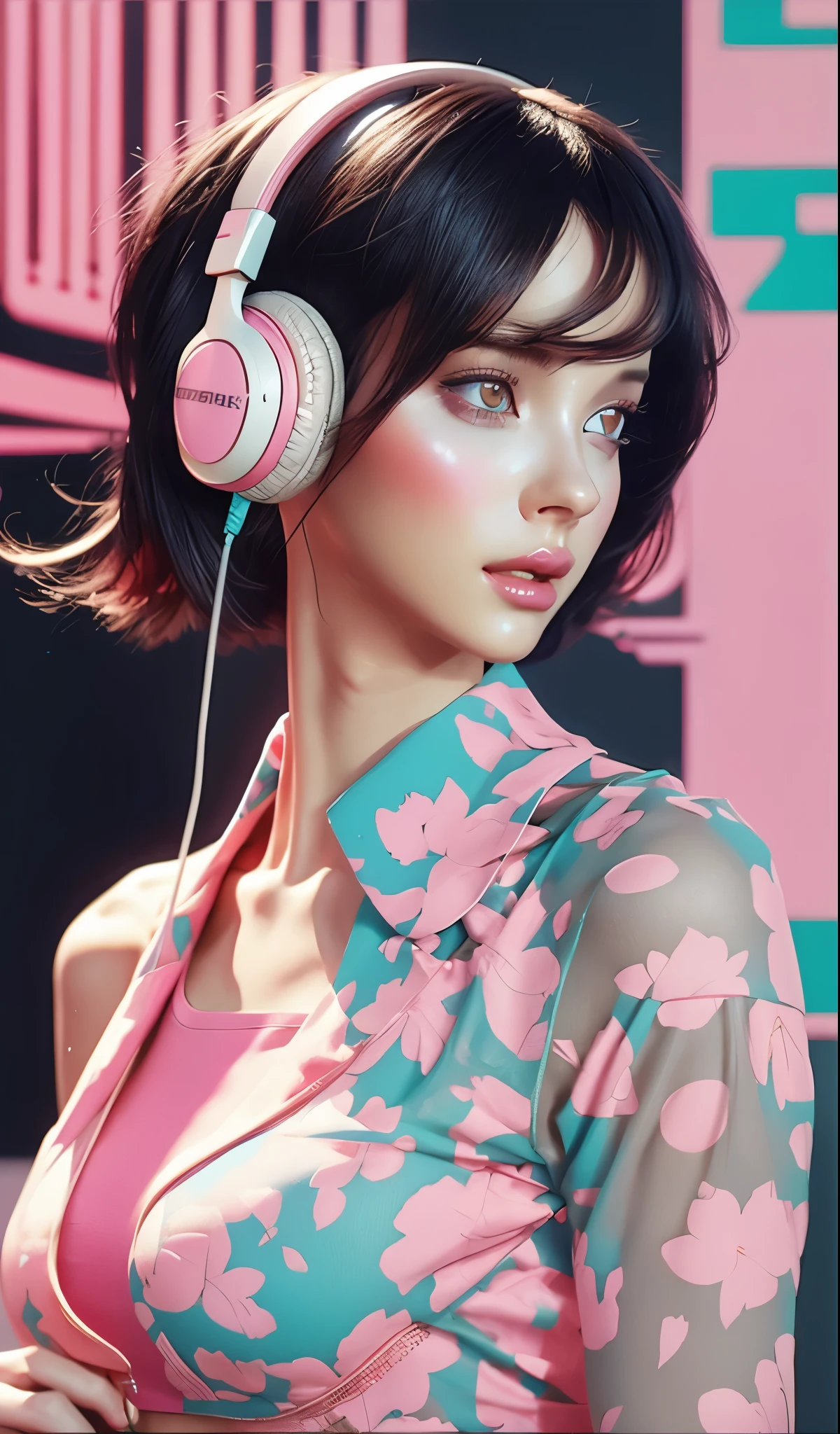 garota modelo usando fones de ouvido, fundo da cidade, Detalhes intrincados, cores pastel esteticamente agradáveis, fundo do cartaz, Arte de Conrad Roset e Ilya Kuvshinov