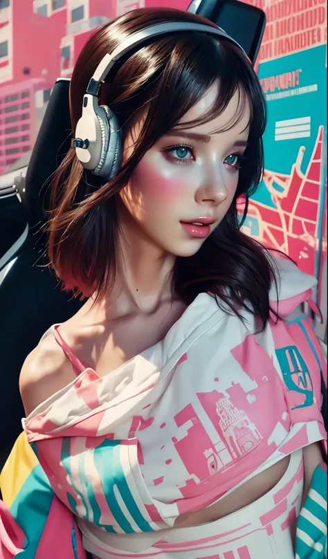 model girl wearing headphones, city background, intricate details, aesthetically pleasing pastel colors, poster background, art ...