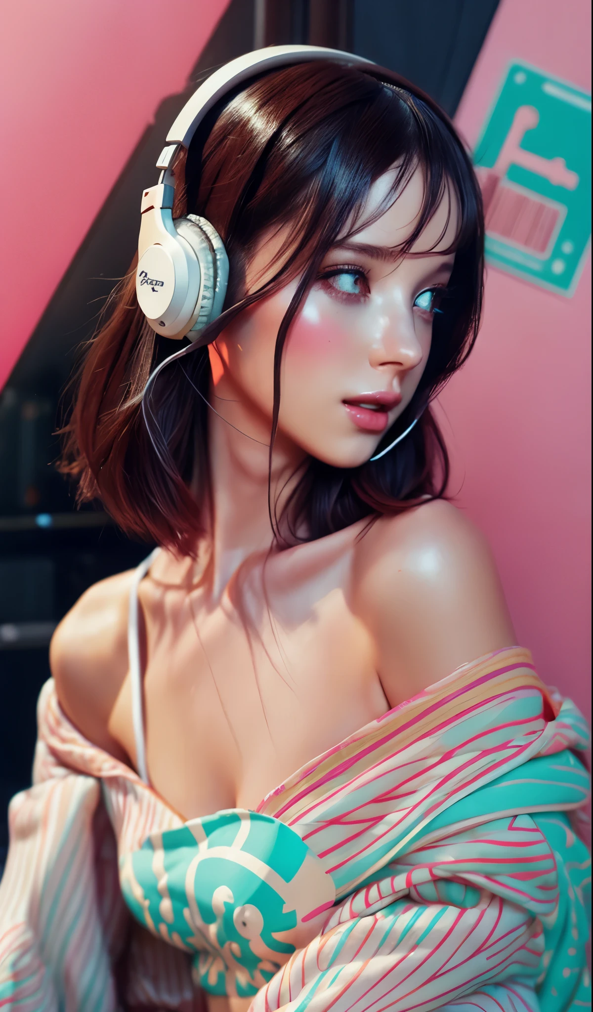 garota modelo usando fones de ouvido, Fundo da cidade, detalhes intrincados, cores pastel esteticamente agradáveis, fundo do cartaz, Arte de Conrad Roset e Ilya Kuvshinov
