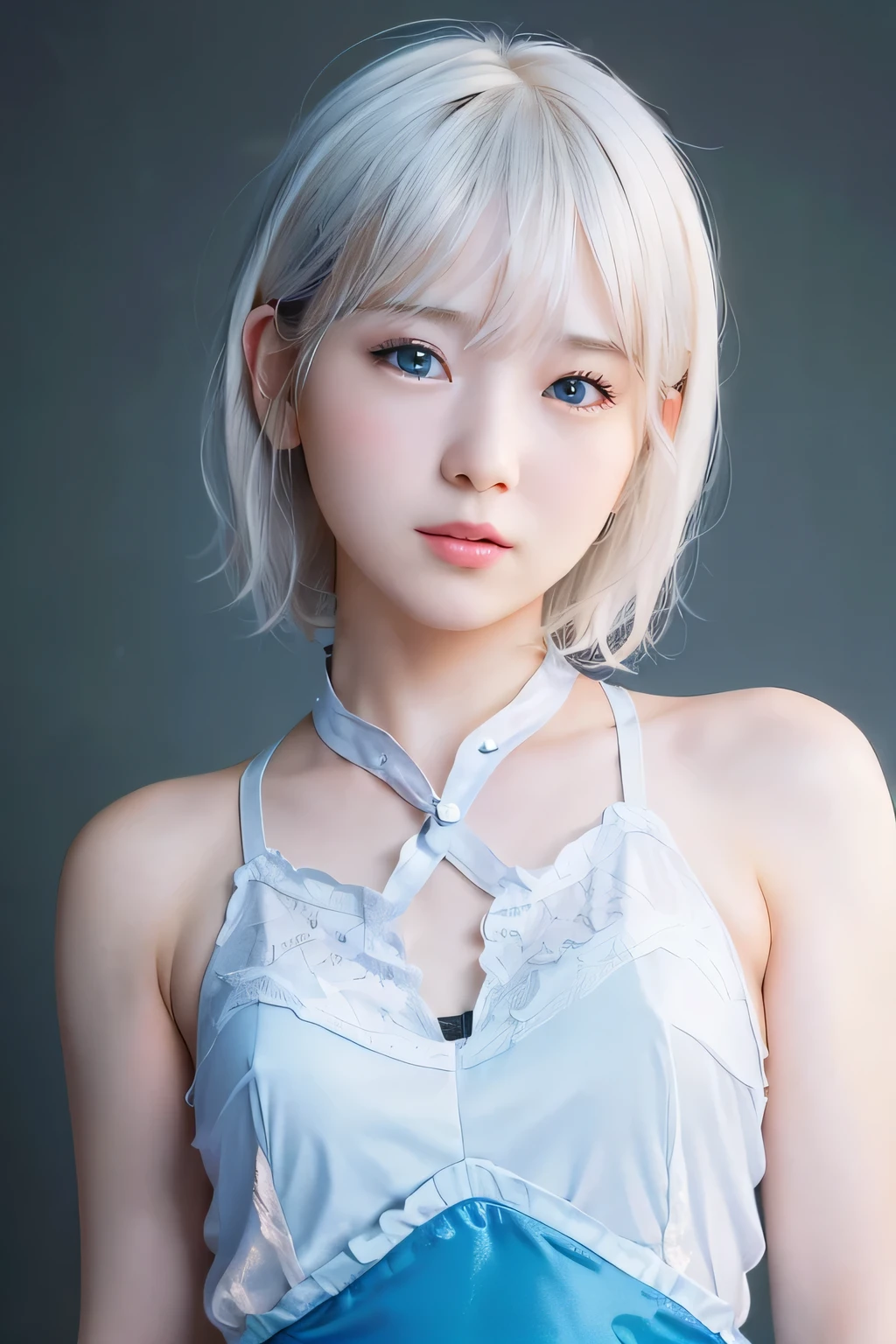 ８K, portrait, portrait, (alone), masterpiece, highest quality, １girl、、 (slim:1.35)、(flat body:1.35)、、cute、inverted triangle face、、((head shot))、((pure white berry short hair))、silky white sleeveless shirt、bright blue eyes、dark lighting、concentrated expression、(highly detailed skin、skin details)、sharp focus、、intricate details、very detailed, Cluttered and detailed background